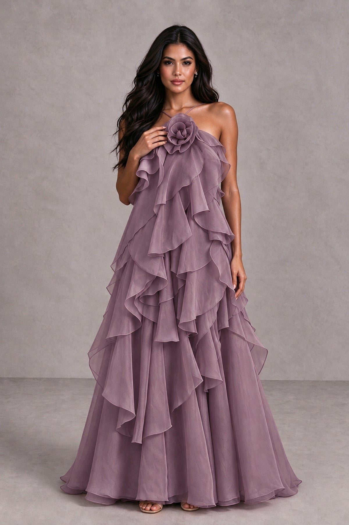 BOLODOO Wisteria Cascading Ruffle Rosette Open-Back Maxi Dress - Wisteria - Wisteria_4