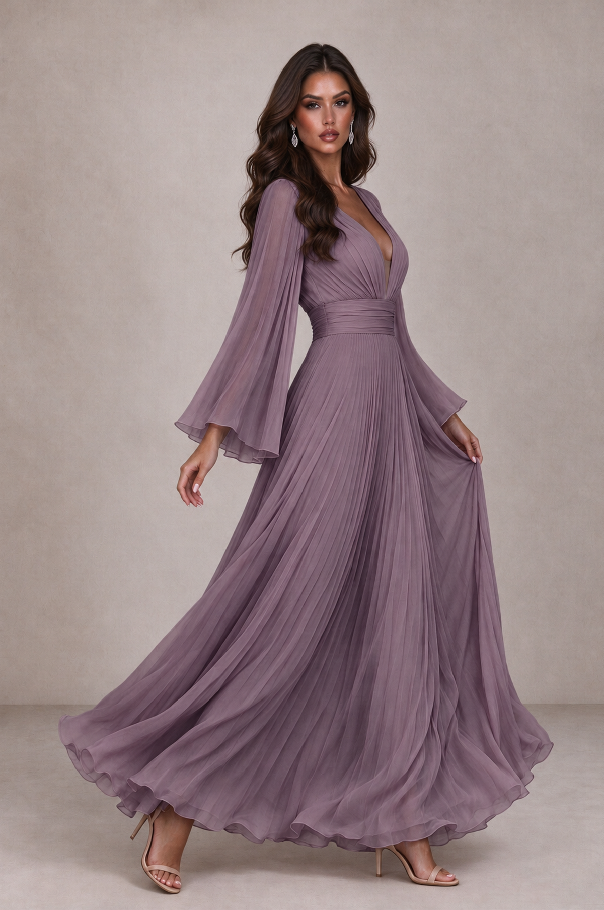 BOLODOO Wisteria Pleated Deep V-Neck Long Bell Sleeve Evening Dress - Wisteria - Wisteria_4