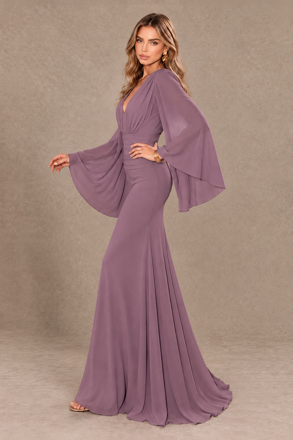 BOLODOO Wisteria Cape Sleeve V-Neck Ruched Chiffon Evening Dress - Wisteria - Wisteria_4