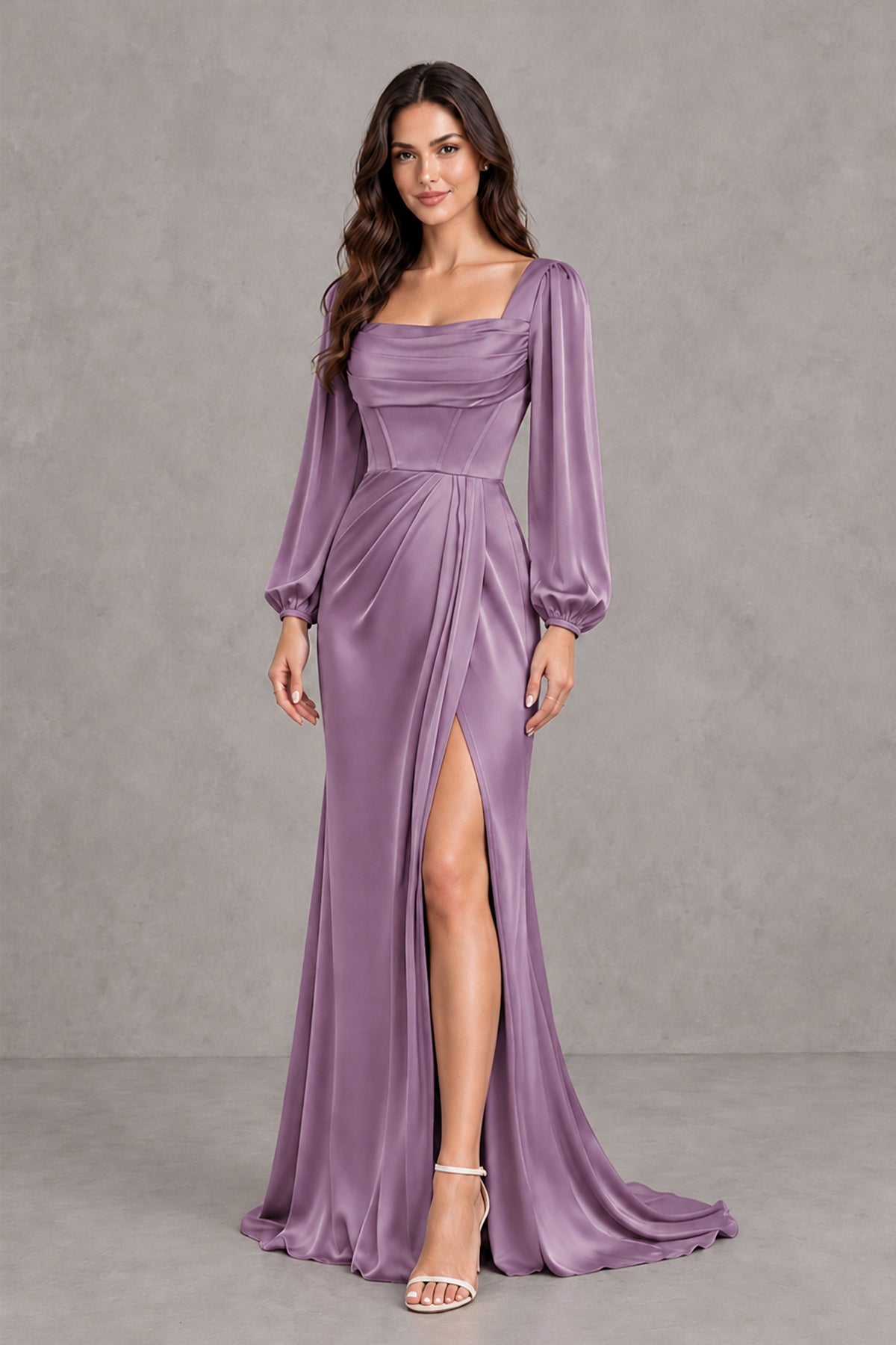 BOLODOO Wisteria Satin-Look Long Sleeve Evening Dress with High Slit - Wisteria - Wisteria_4