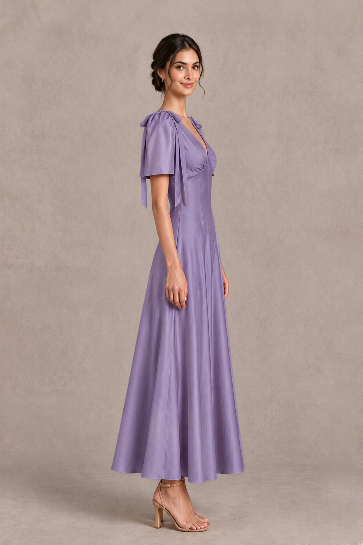 BOLODOO Wisteria V-Neck Short Sleeve Satin-Look Bridesmaid Dress with Shoulder Bows - Wisteria - Wisteria_4