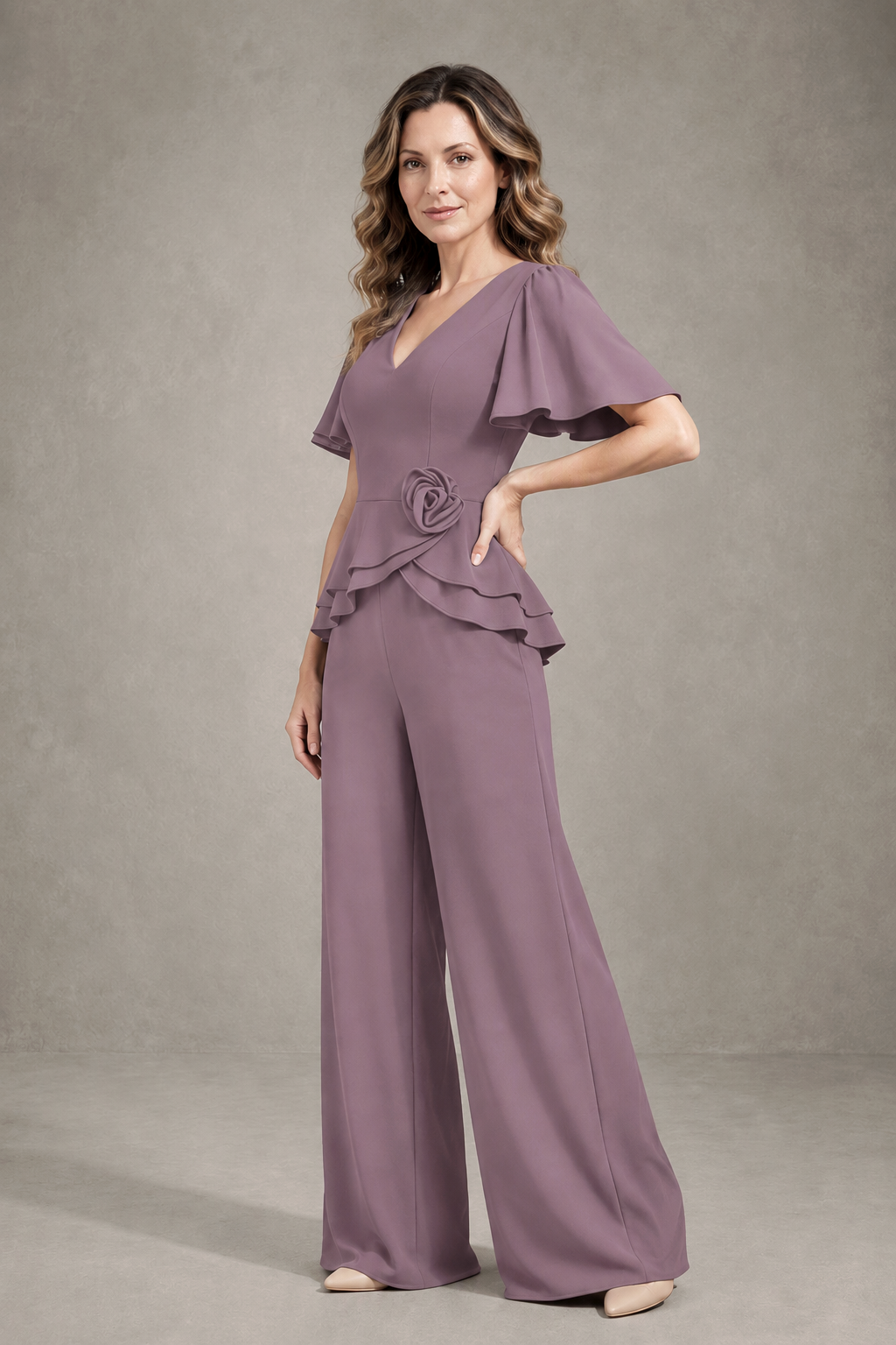 BOLODOO Wisteria Flutter Sleeve Peplum Wide-Leg Pant Suit - Wisteria
