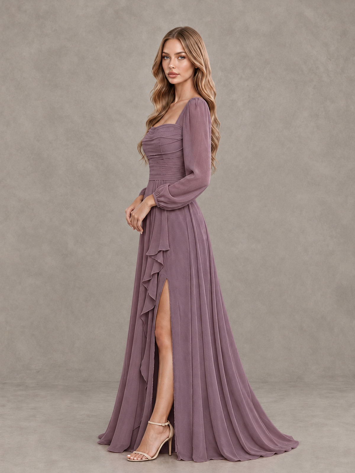 BOLODOO Wisteria Square Neck Long Sleeve Bridesmaid Dress with Ruffle Slit - Wisteria - Wisteria_4