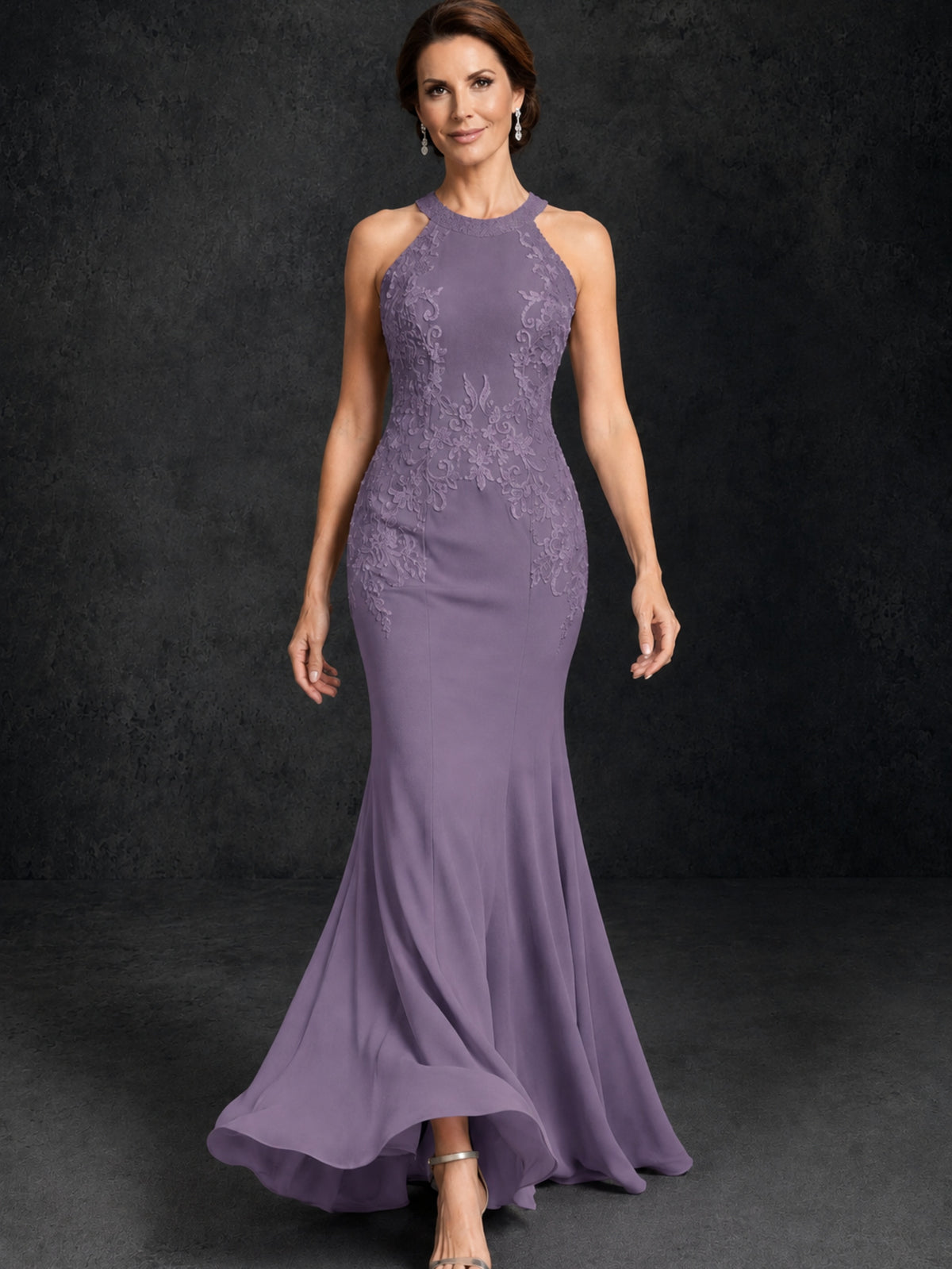 BOLODOO Wisteria Lace Applique Halter Neck Sheer Back Mermaid Maxi Dress with Sweep Train - Wisteria