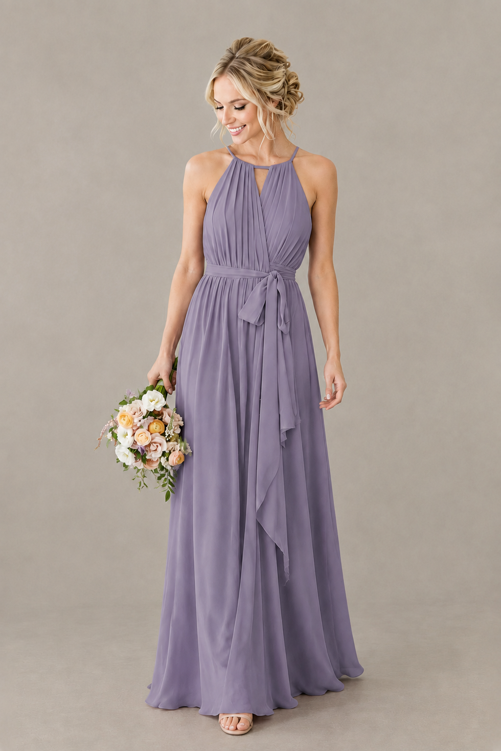 BOLODOO Wisteria Halter Chiffon Bridesmaid Dress with High Slit - Wisteria