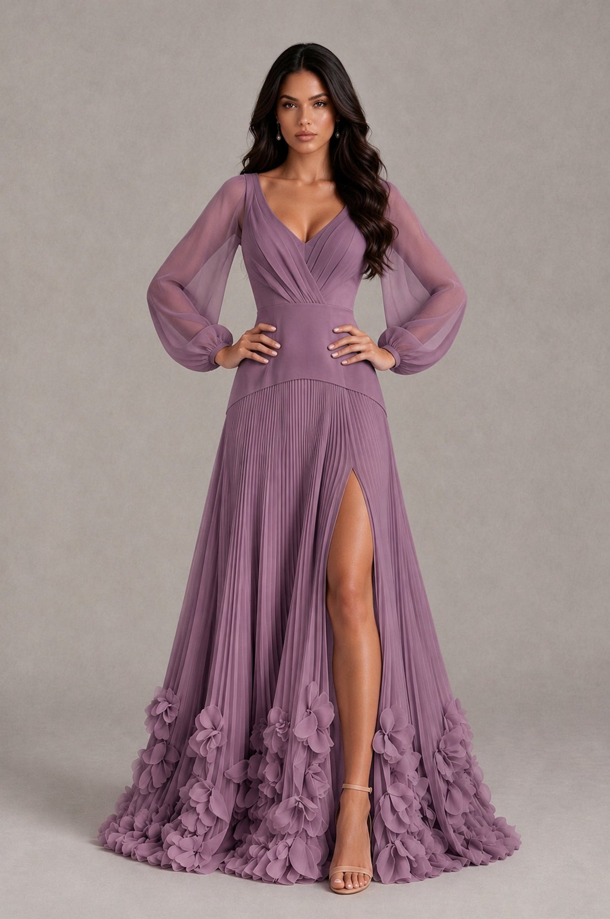 BOLODOO Wisteria V-Neck Long Sleeve Pleated Floral Hem Evening Dress - Wisteria - Wisteria_4