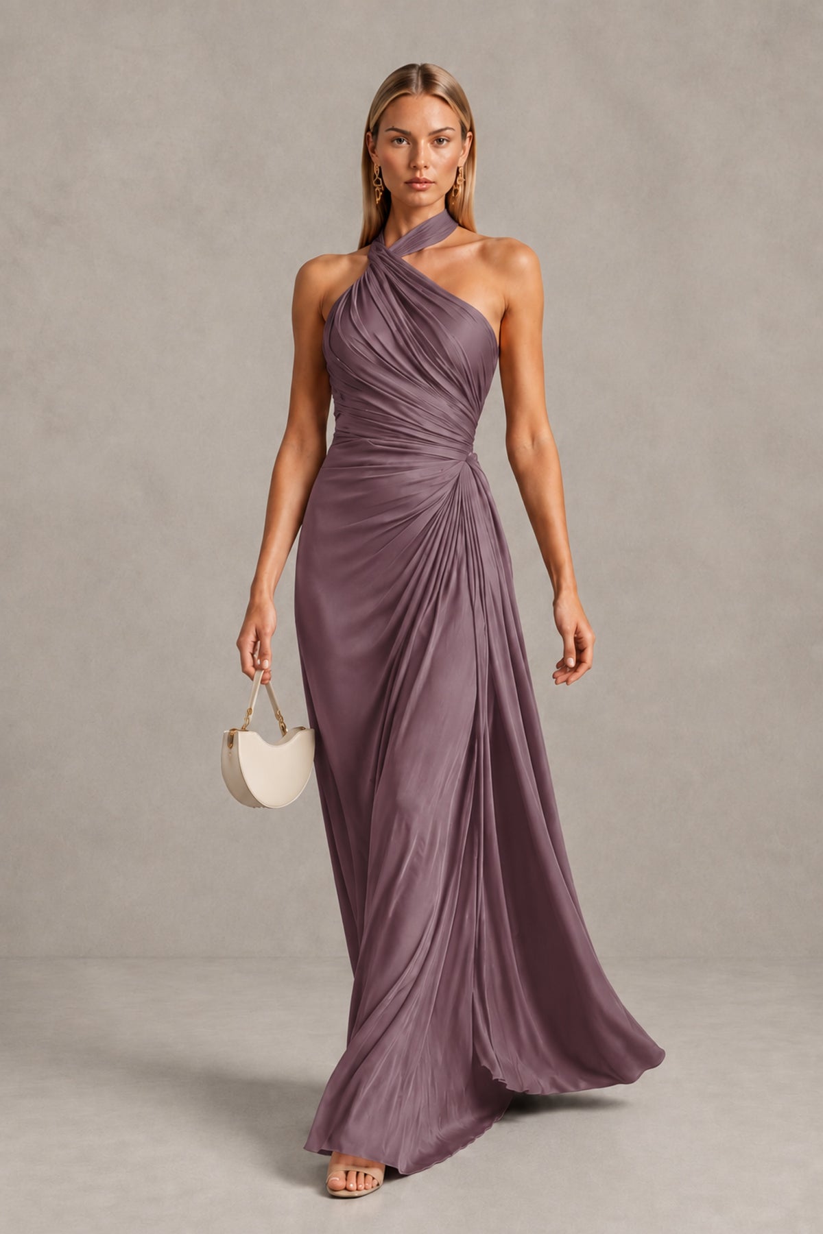 BOLODOO Wisteria Twisted Halter Neck Ruched Sleeveless Open Back Floor-Length Gown - Wisteria - Wisteria_4