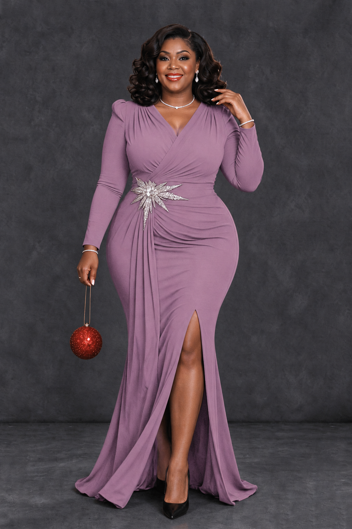 BOLODOO Wisteria Plus Size Long Sleeve V-Neck Mother of the Bride Dress with Slit - Wisteria - Wisteria_4