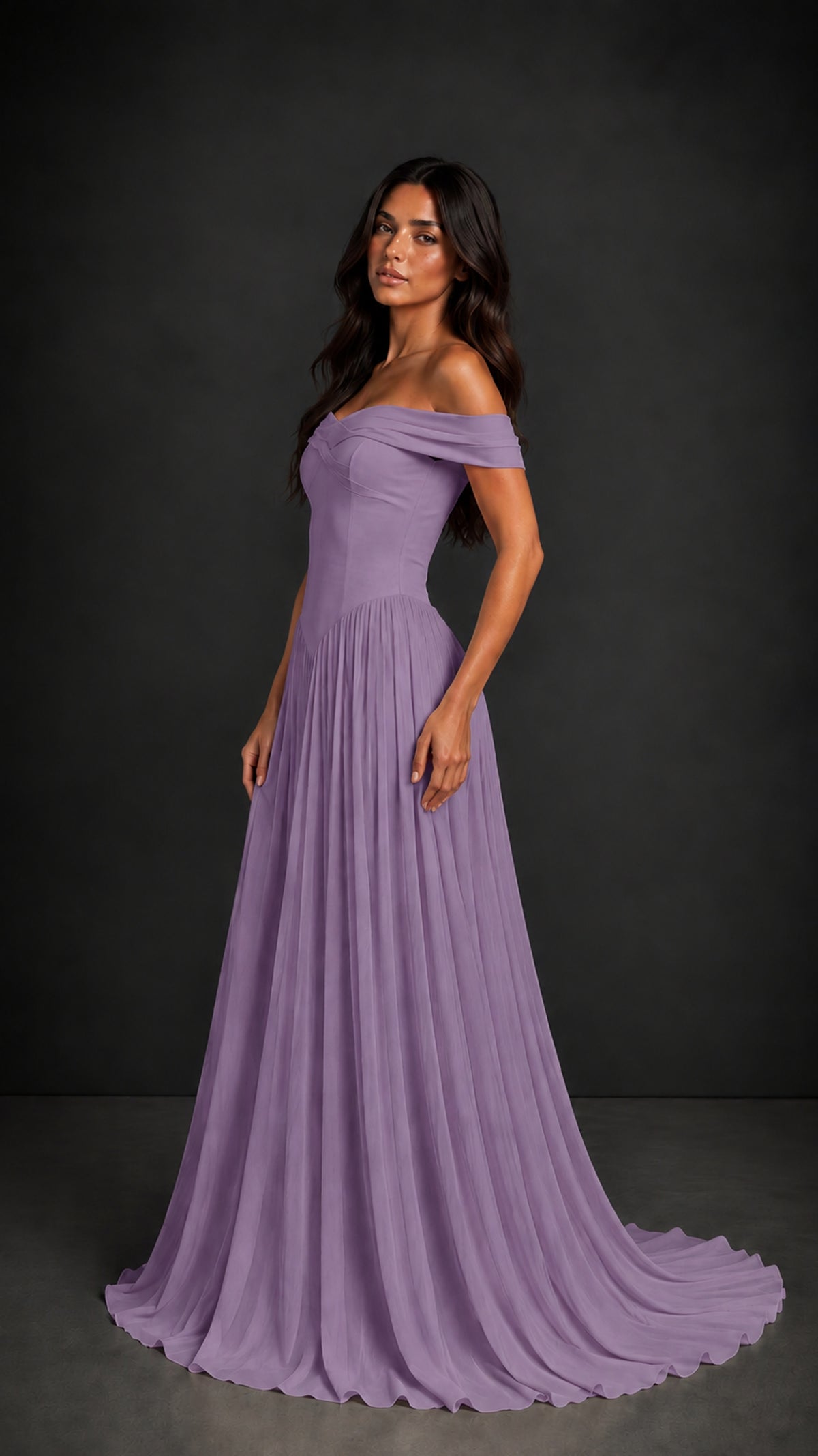 BOLODOO Wisteria Off-Shoulder Sweetheart Corset Pleated Chiffon Maxi Dress - Wisteria