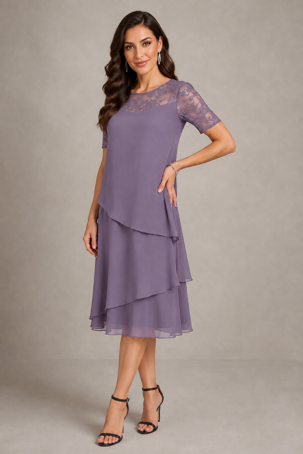 BOLODOO Wisteria Illusion Lace Short Sleeve Tiered Chiffon Tea Length Dress | Mother of the Bride Midi Dress - Wisteria