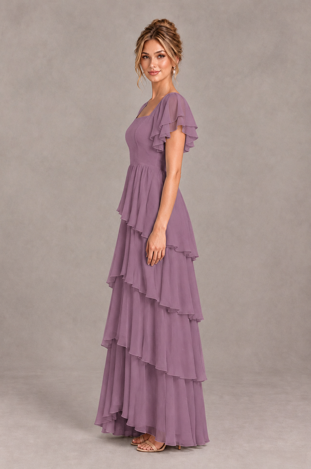 BOLODOO Wisteria Square Neck Flutter Sleeve Tiered Chiffon Bridesmaid Dress with Lace-Up Back - Wisteria - Wisteria_4
