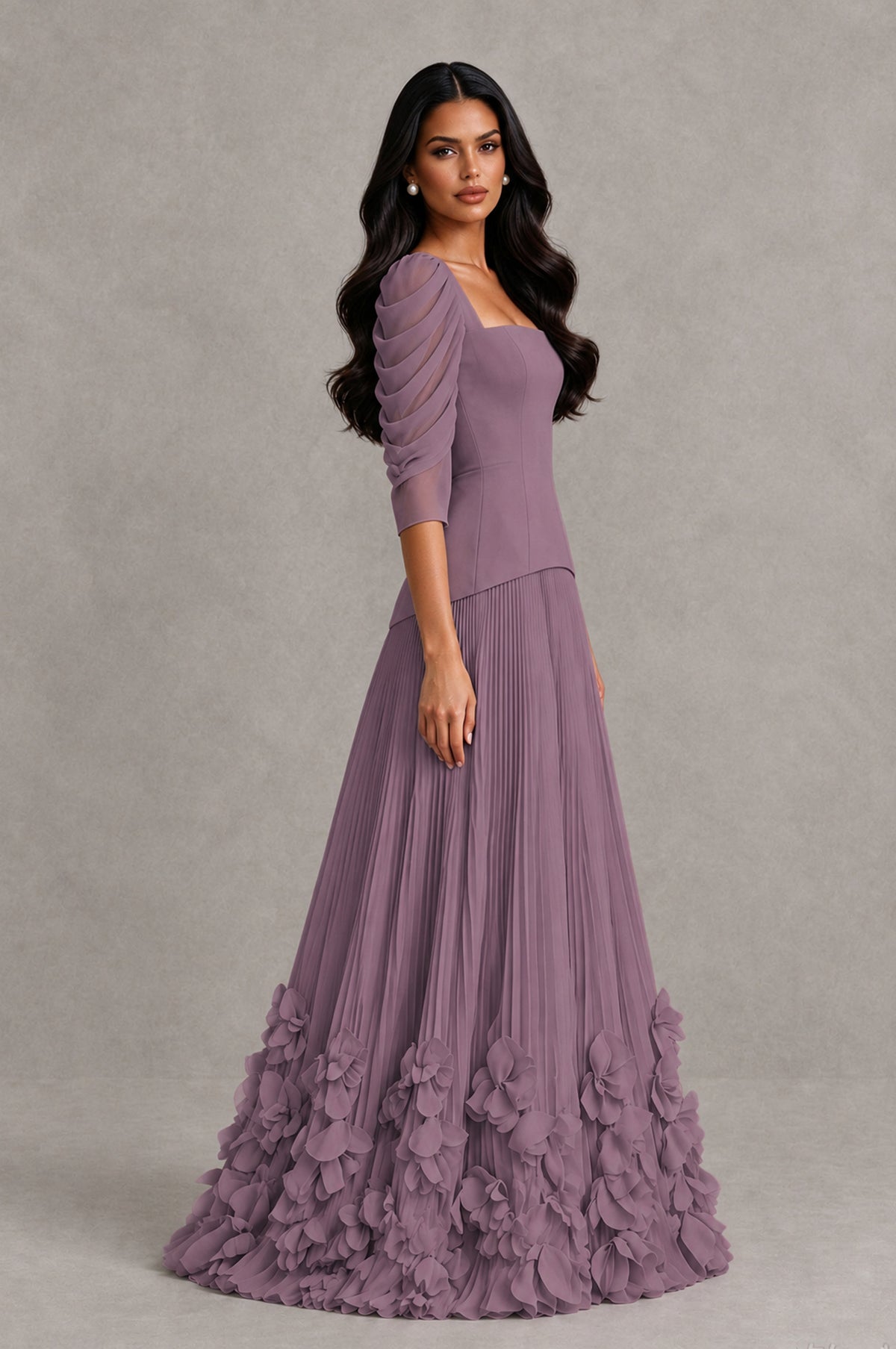BOLODOO Wisteria Square Neck Pleated Floral Applique Evening Dress - Wisteria - Wisteria_4