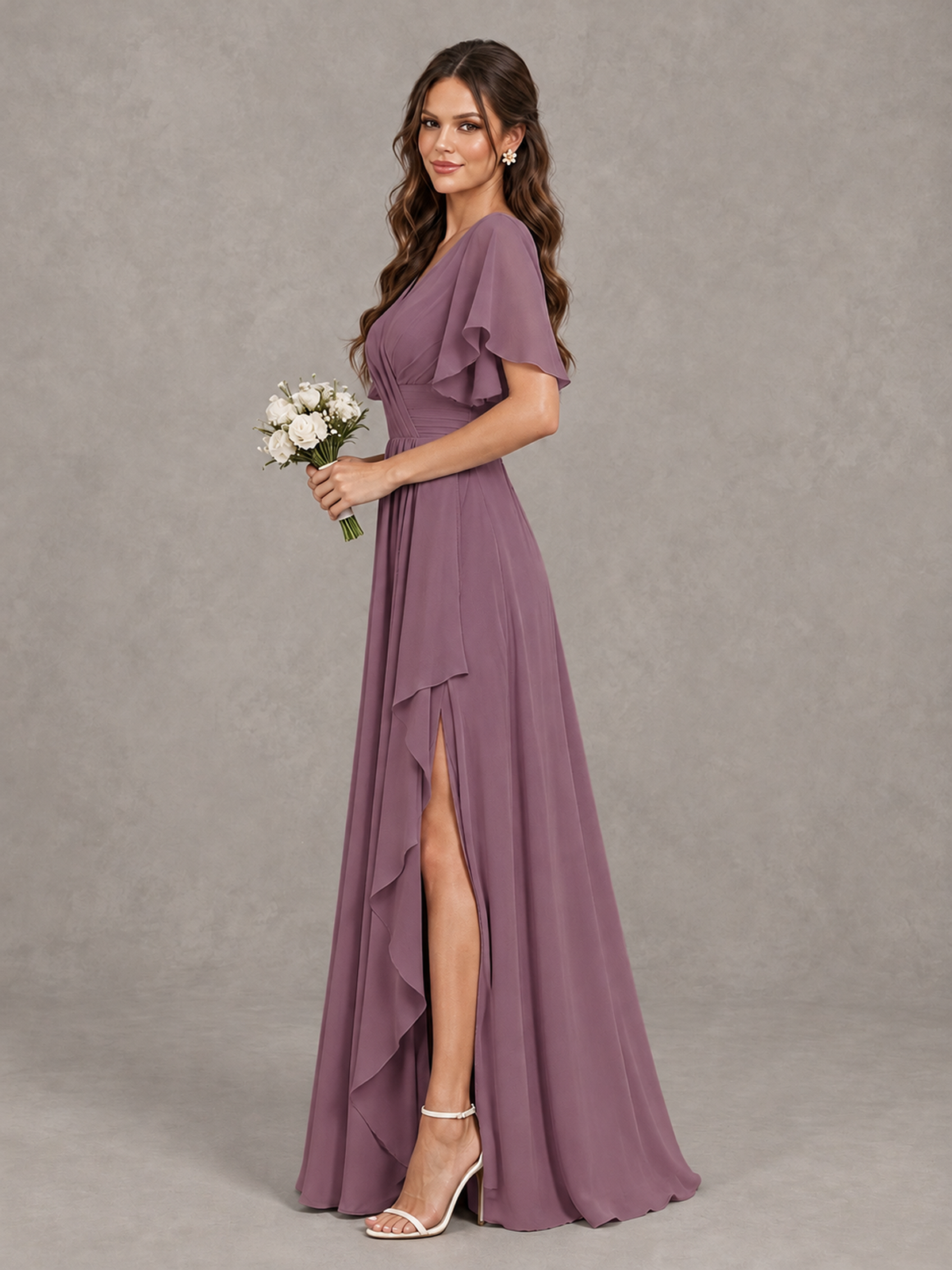 BOLODOO Wisteria Flutter Sleeve V-Neck Bridesmaid Dress with Ruffle Slit - Wisteria - Wisteria_4