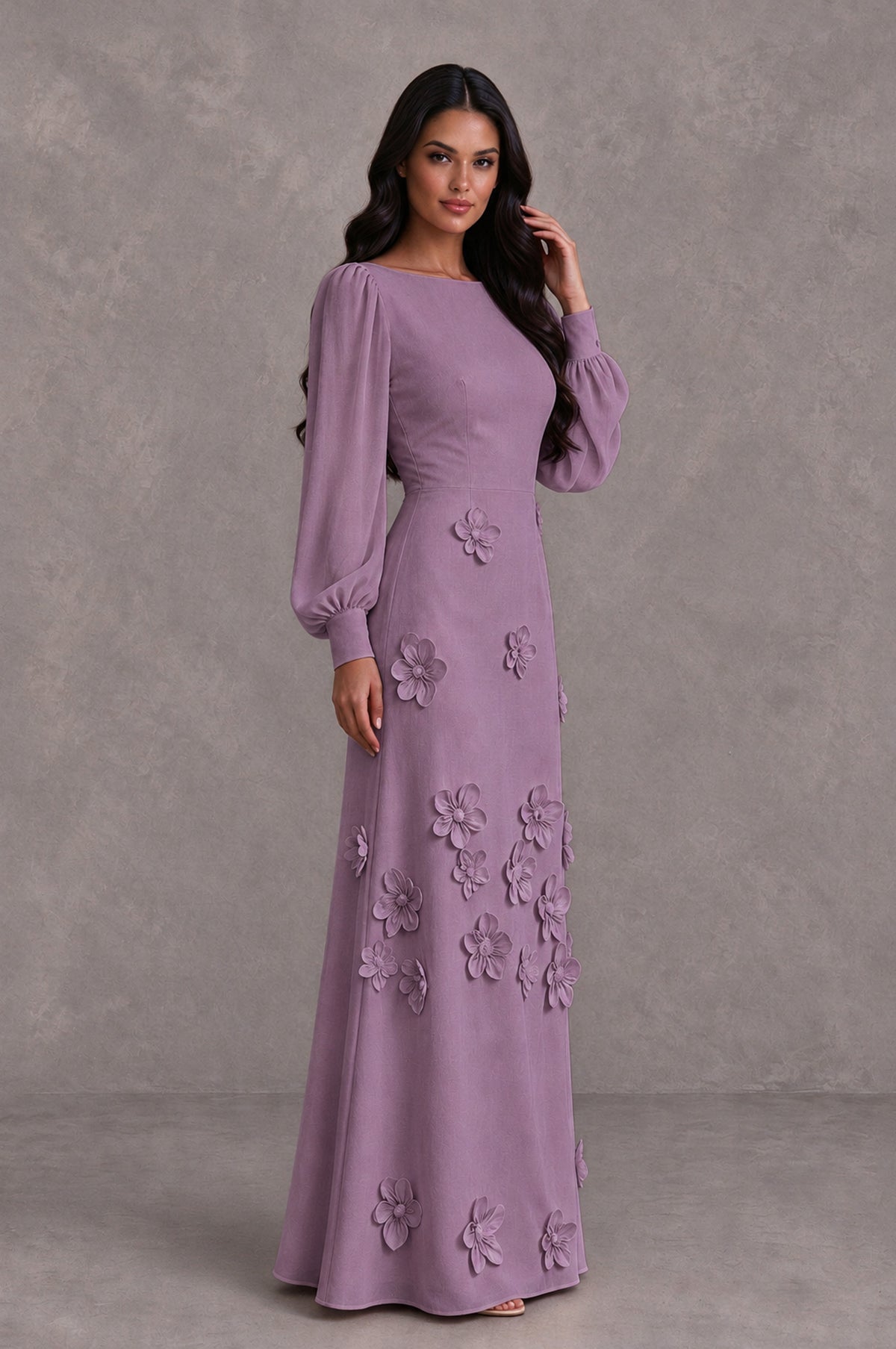 BOLODOO Wisteria Long Sleeve Floral Applique A-Line Evening Dress - Wisteria - Wisteria_4