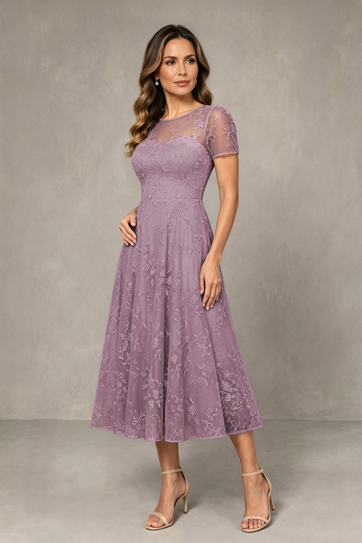 BOLODOO Wisteria Textured Floral A-Line Dress with Short Sleeves - Wisteria
