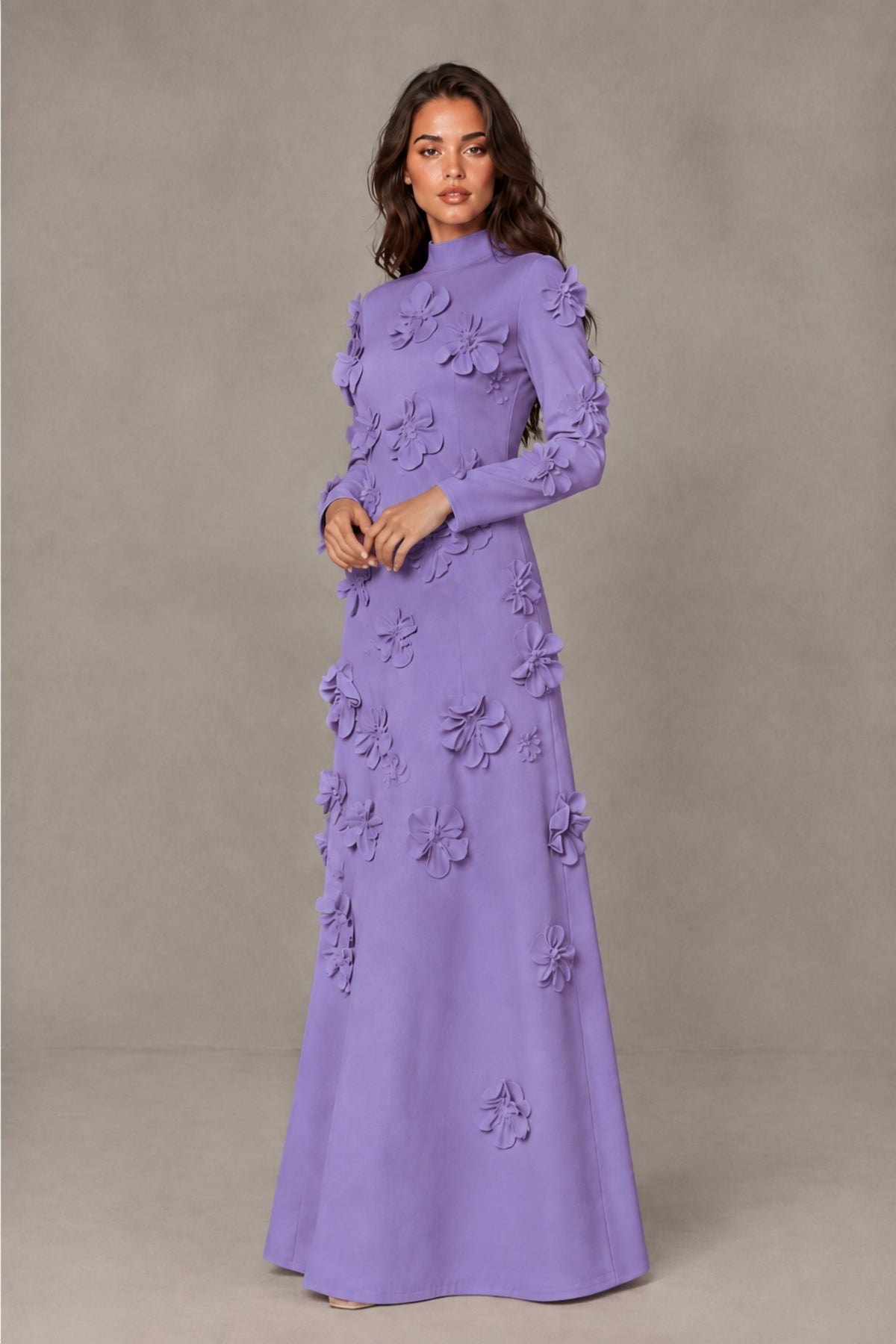 BOLODOO Wisteria High Neck Long Sleeve 3D Floral Evening Gown - Wisteria