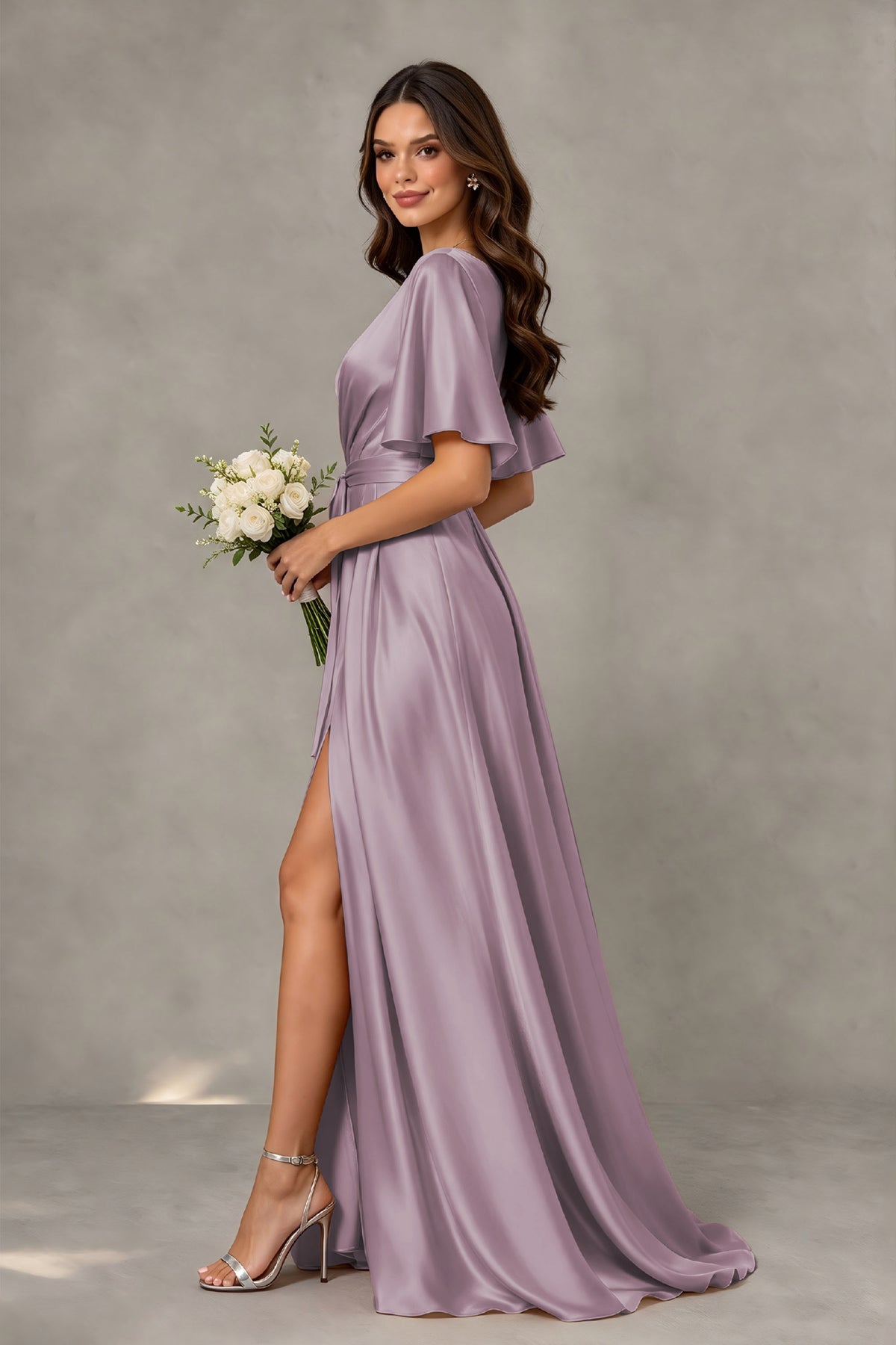 BOLODOO Wisteria Satin V-Neck Flutter Sleeve Bridesmaid Dress with Slit - Wisteria - Wisteria(4)