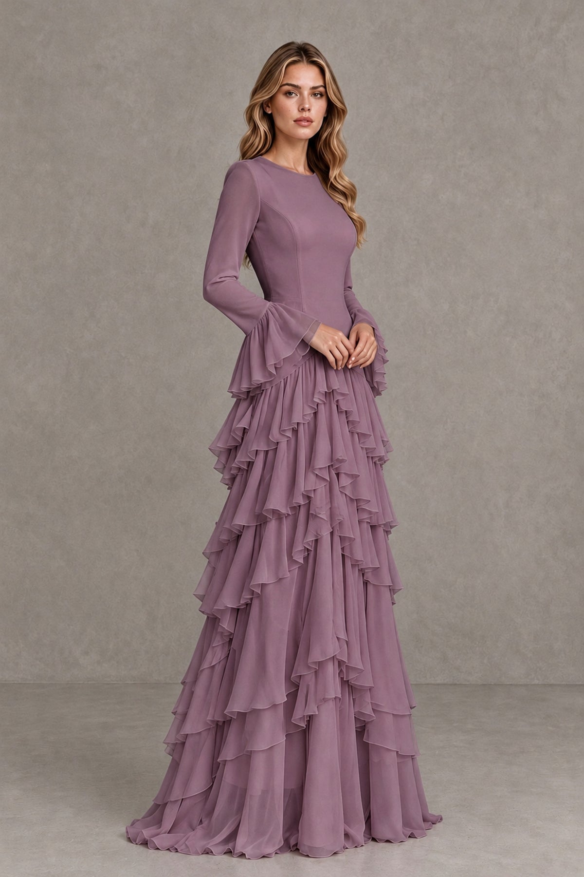 Wisteria Long Sleeve Tiered Ruffle Evening Gown - Wisteria - Wisteria_4