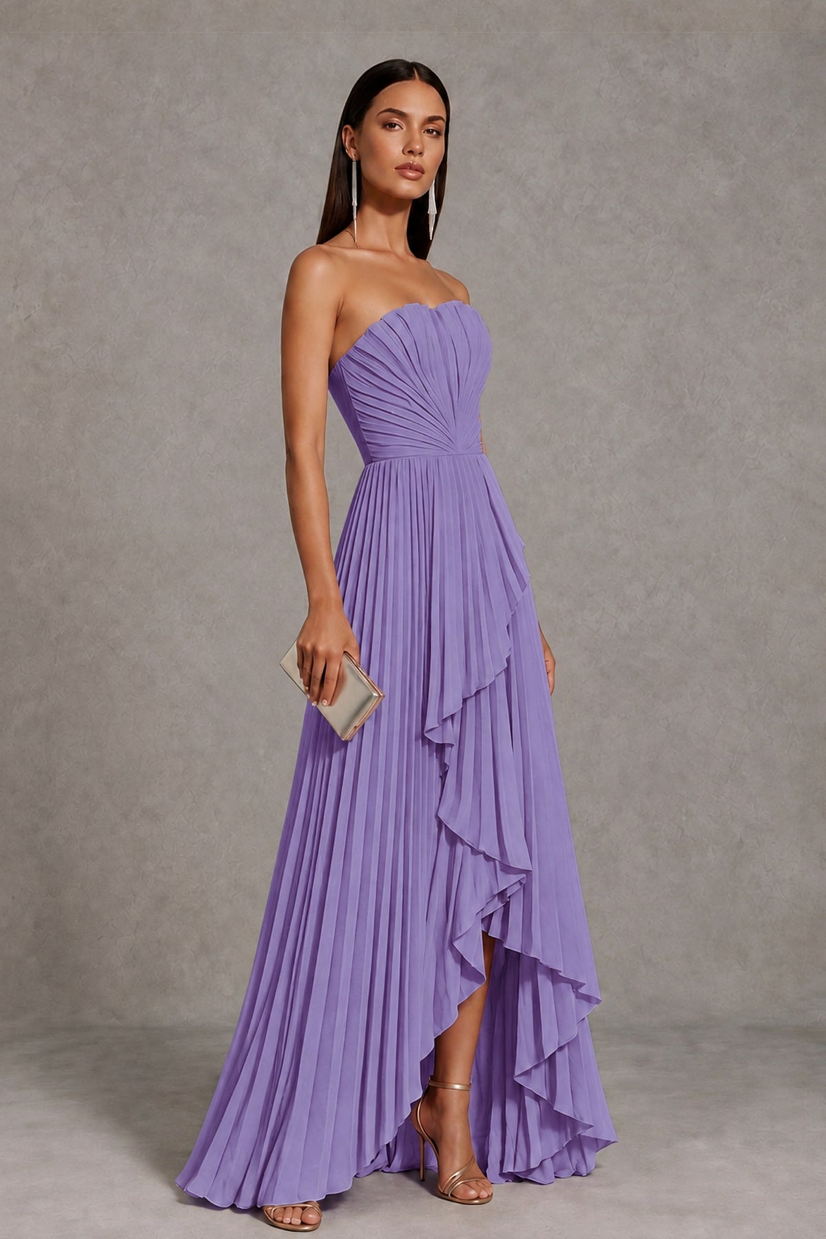 Wisteria Strapless Pleated High-Low Evening Gown with Ruffle Hem - Wisteria