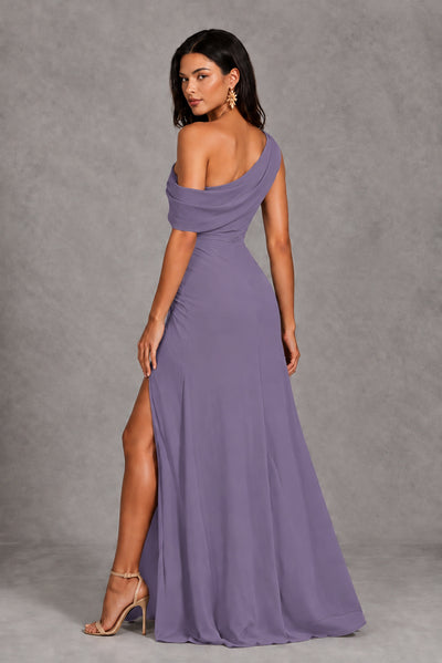 Wisteria One-Shoulder Floor-Length Evening Gown with High Slit - Wisteria