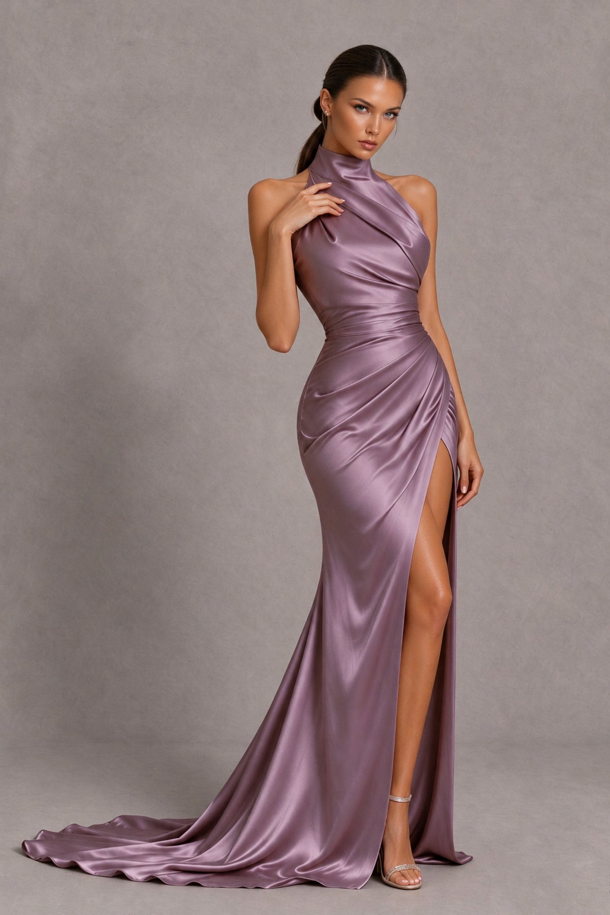 BOLODOO Wisteria Halter Satin-Look Evening Gown with High Slit - Wisteria - Wisteria_4