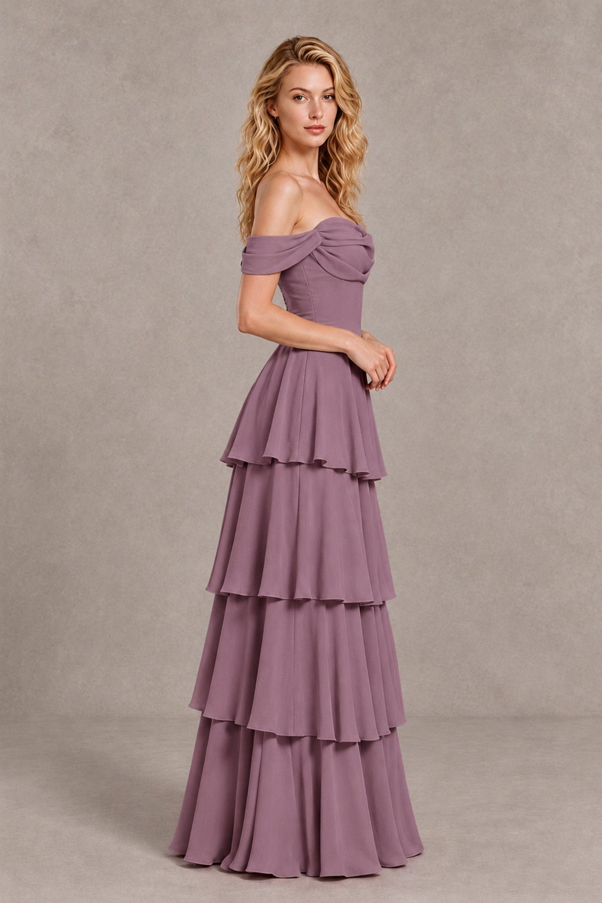 BOLODOO Wisteria Off-the-Shoulder Tiered A-Line Evening Bridesmaid Dress - Wisteria - Wisteria_4