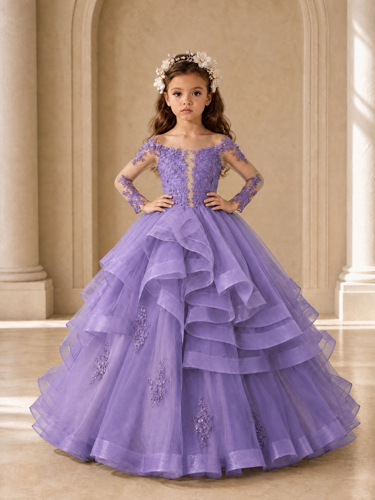 BOLODOO Wisteria Lace Long Sleeve Tiered Flower Girl Dress - Wisteria - Wisteria_4
