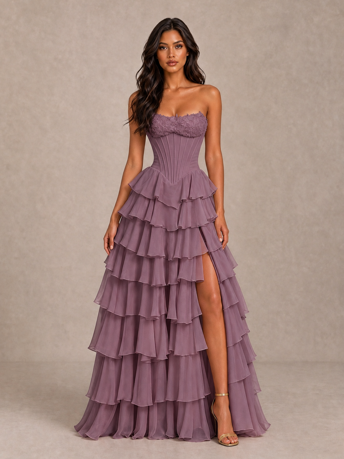BOLODOO Wisteria Strapless Corset Tiered Ruffle Prom Dress with High Slit - Wisteria - Wisteria_4