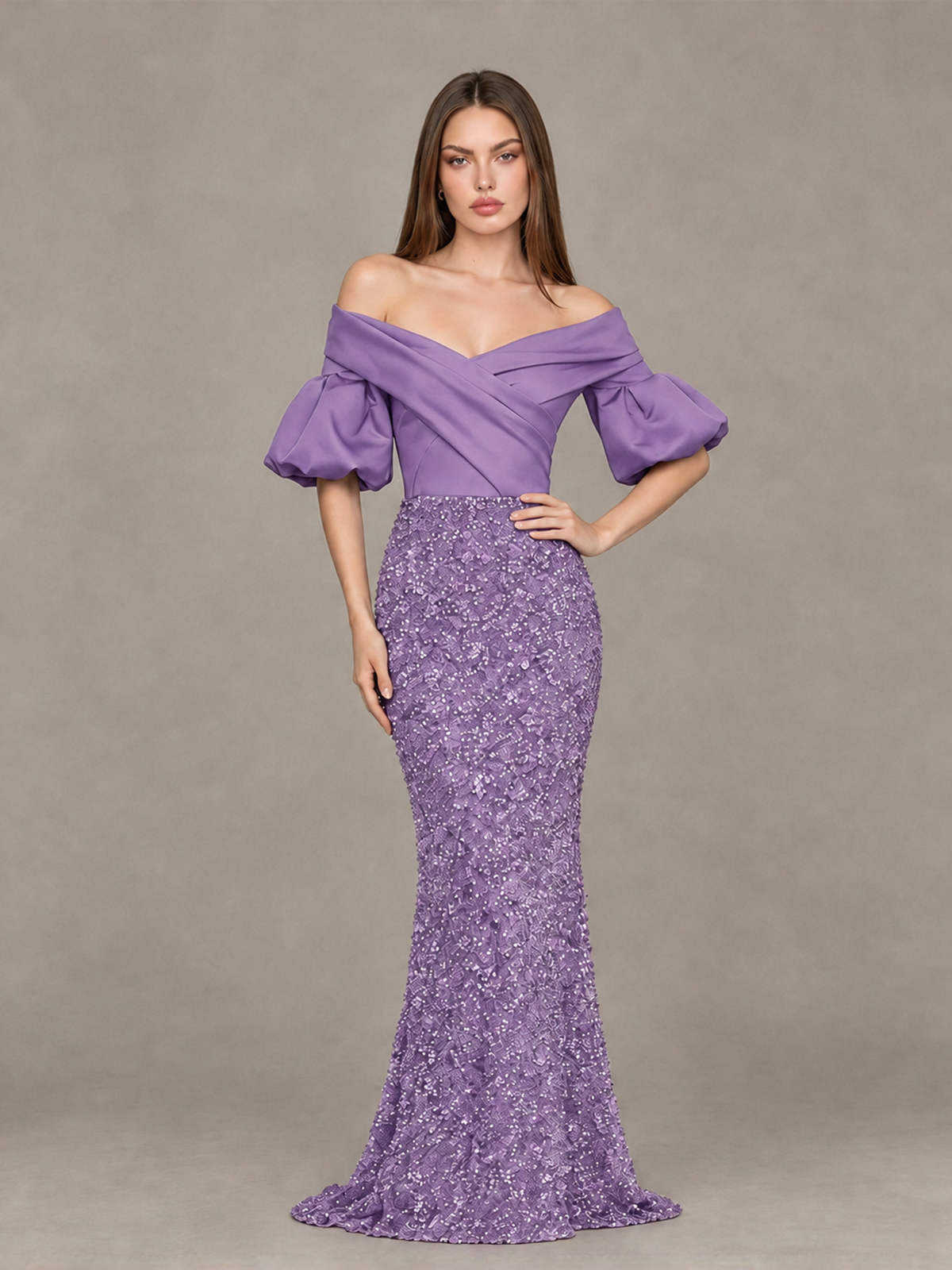 BOLODOO Wisteria Off-Shoulder Puff Sleeve Sequin Mermaid Evening Dress - Wisteria - Wisteria_4