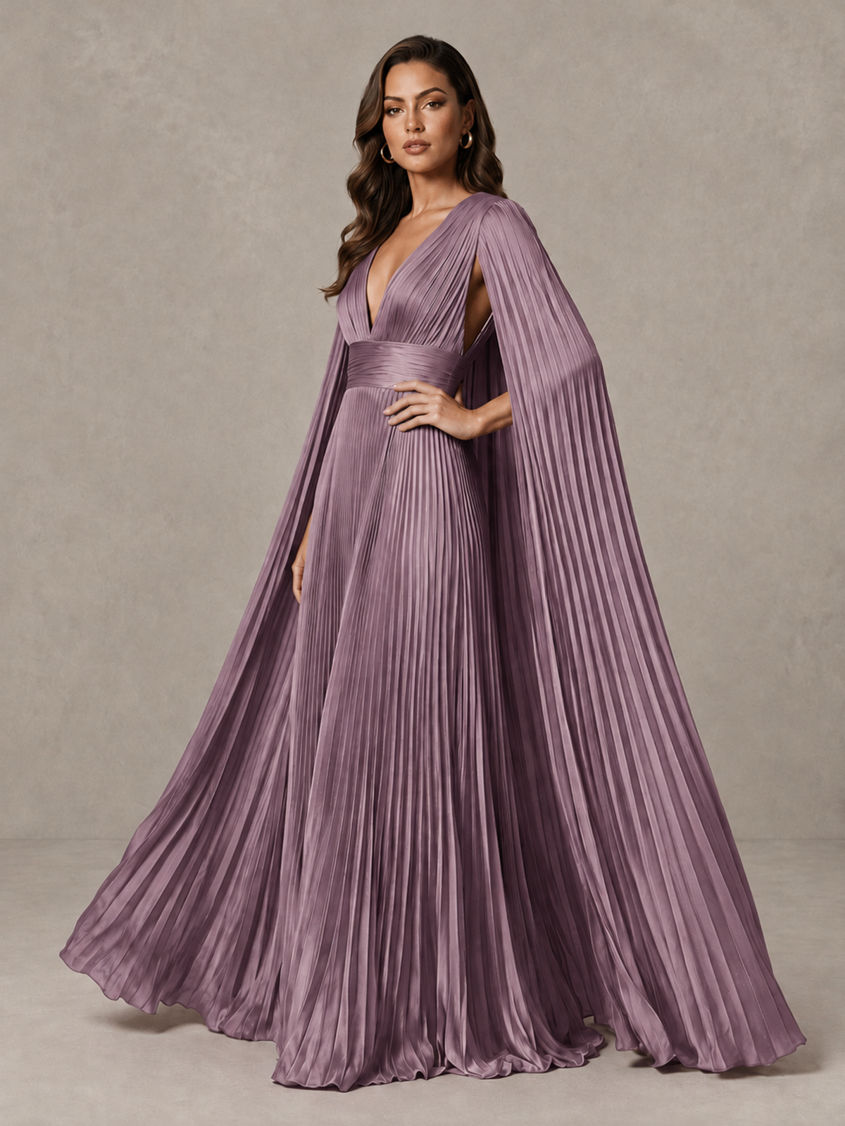 BOLODOO Wisteria Deep V-Neck Pleated Cape Sleeve Evening Gown - Wisteria - Wisteria_4