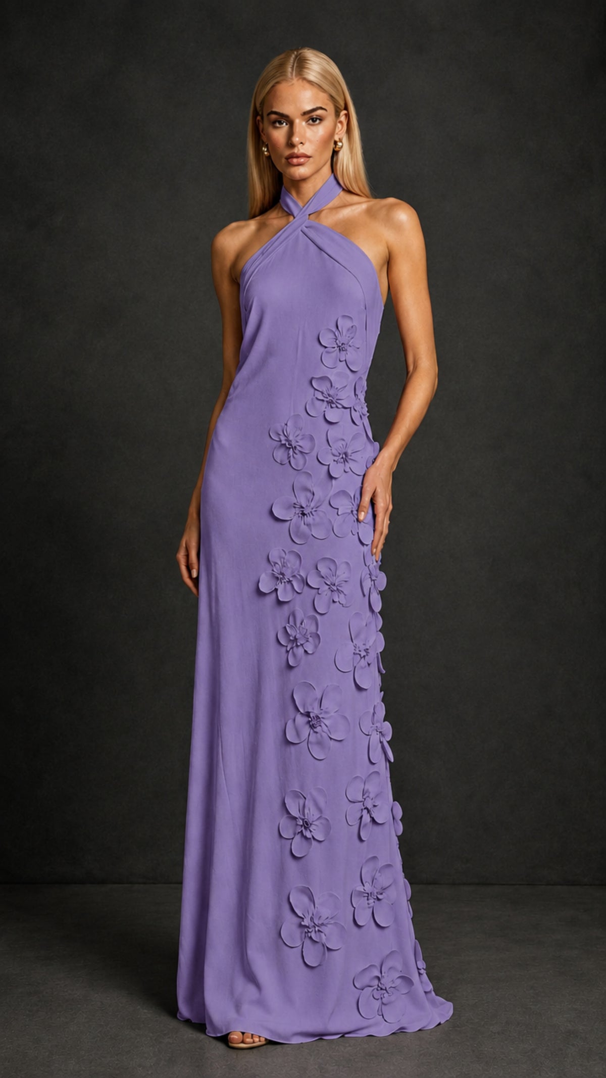 BOLODOO Wisteria Cross Halter Neck 3D Floral Appliqué Backless Mermaid Maxi Gown - Wisteria