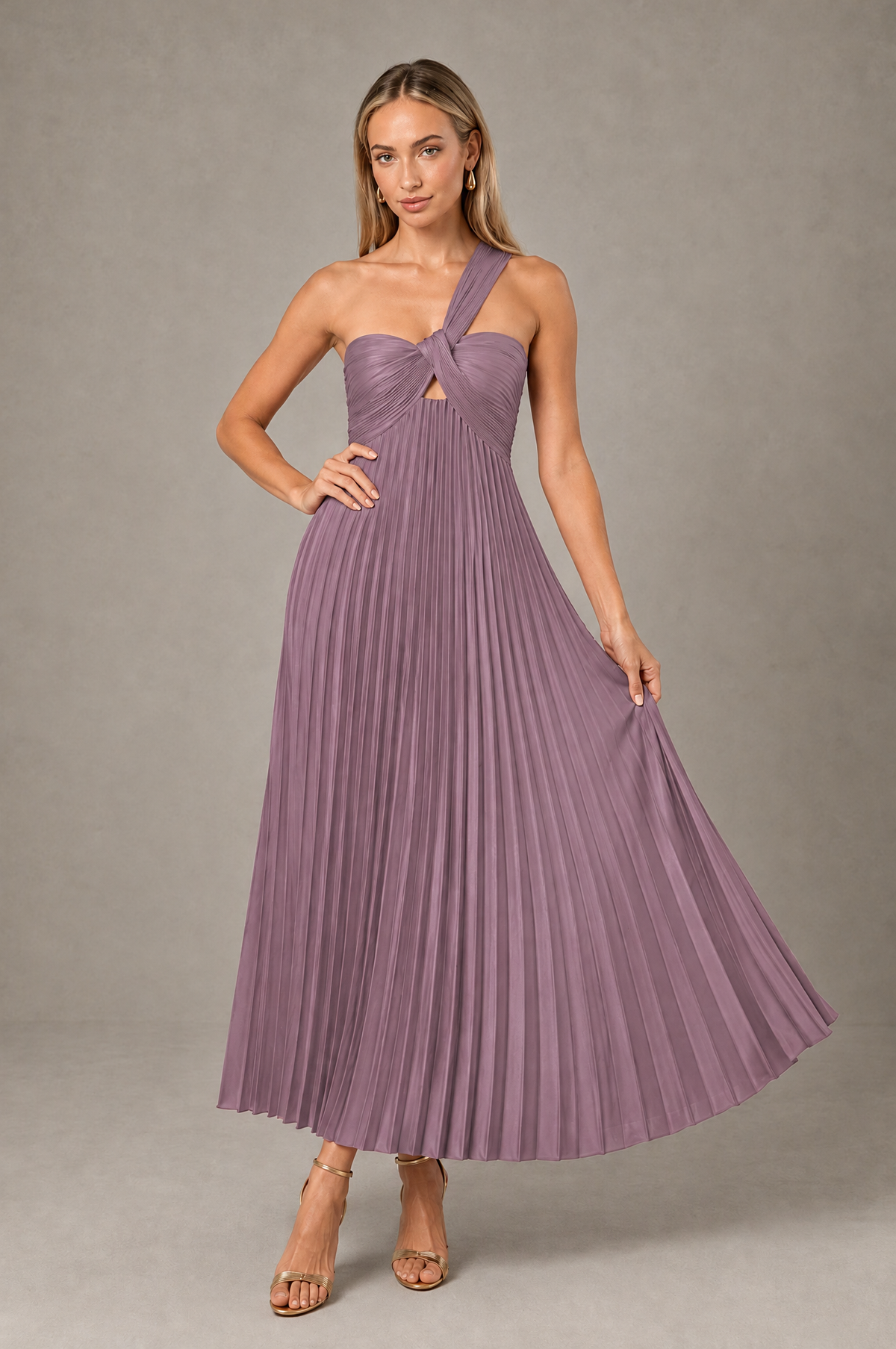 BOLODOO Wisteria One-Shoulder Twist Knot Pleated Satin Midi Dress with Cutout - Wisteria - Wisteria_4