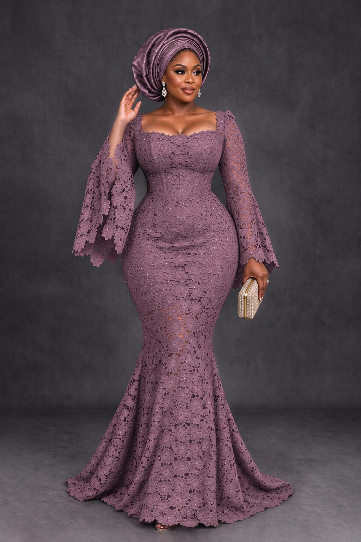 BOLODOO Wisteria African Lace Mermaid Dress, Plus Size Nigerian Wedding Guest Gown with Bell Sleeves - Wisteria - Wisteria_4