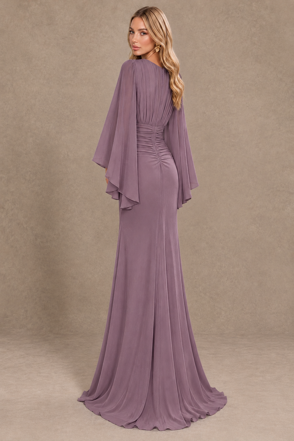 BOLODOO Wisteria Cape Sleeve V-Neck Ruched Chiffon Evening Dress - Wisteria - Wisteria_5