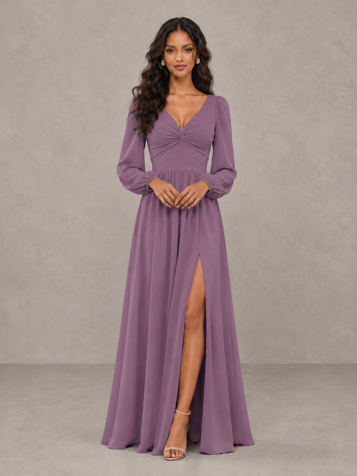 BOLODOO Wisteria V-Neck Long Sleeve Bridesmaid Dress with Tie Back and Slit - Wisteria - Wisteria_5