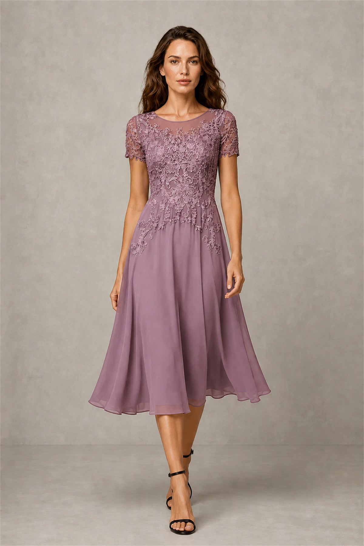 BOLODOO Steel Wisteria Beaded Lace Illusion Bodice Chiffon Tea-Length Dress | Mother of the Bride & Cocktail Party - Wisteria
