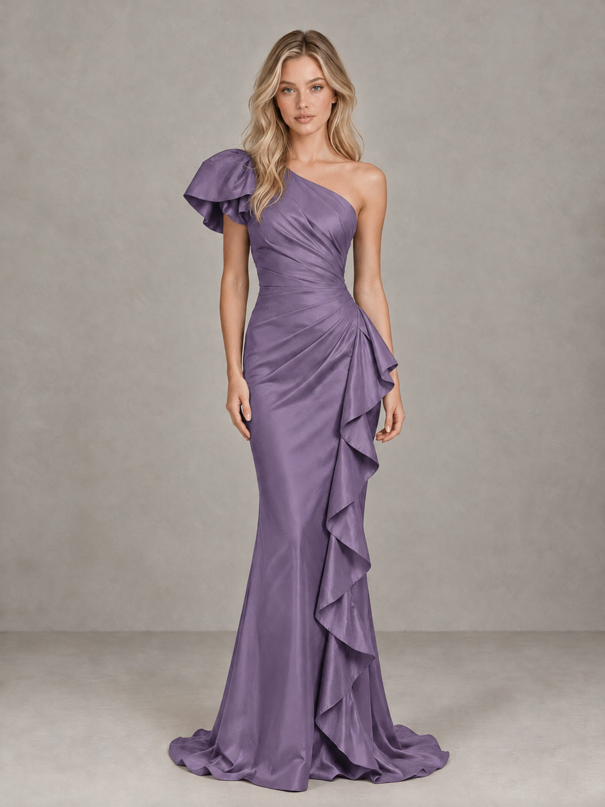 BOLODOO Wisteria One-Shoulder Satin-Look Mermaid Evening Dress with Ruffles - Wisteria - Wisteria (1)