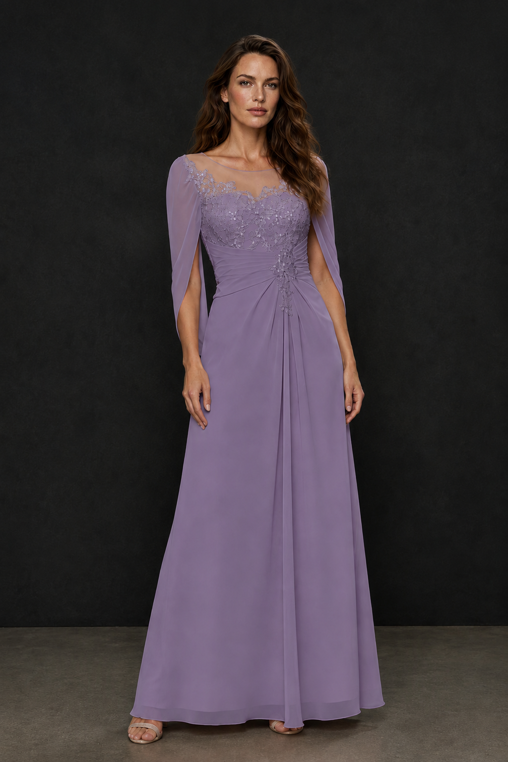 BOLODOO Wisteria Illusion Lace One-Side Cape Sleeve Beaded Chiffon Floor Length Gown | Mother of the Bride Evening Dress - Wisteria