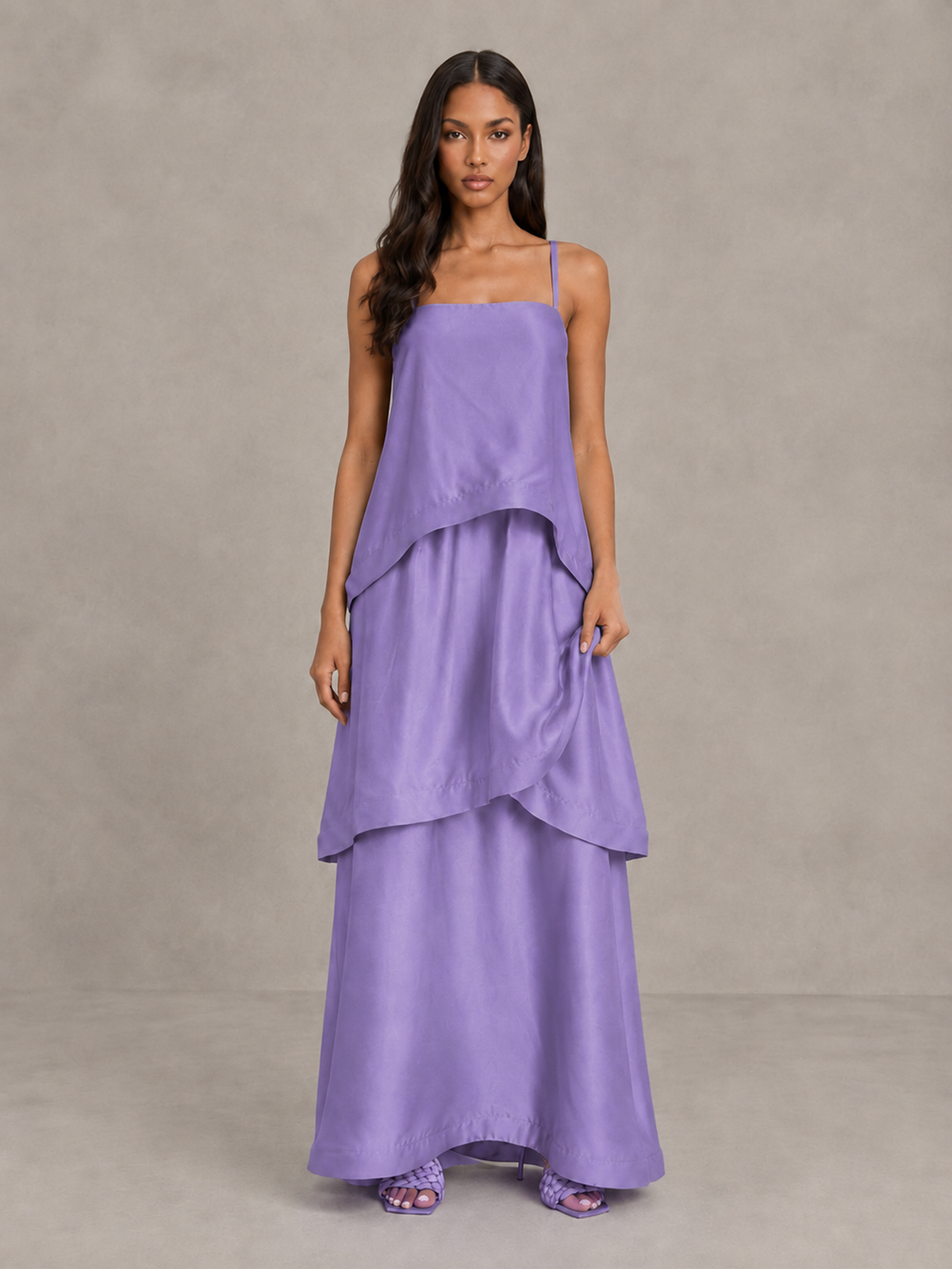 BOLODOO Wisteria Satin Tiered Maxi Dress with Spaghetti Straps - Wisteria