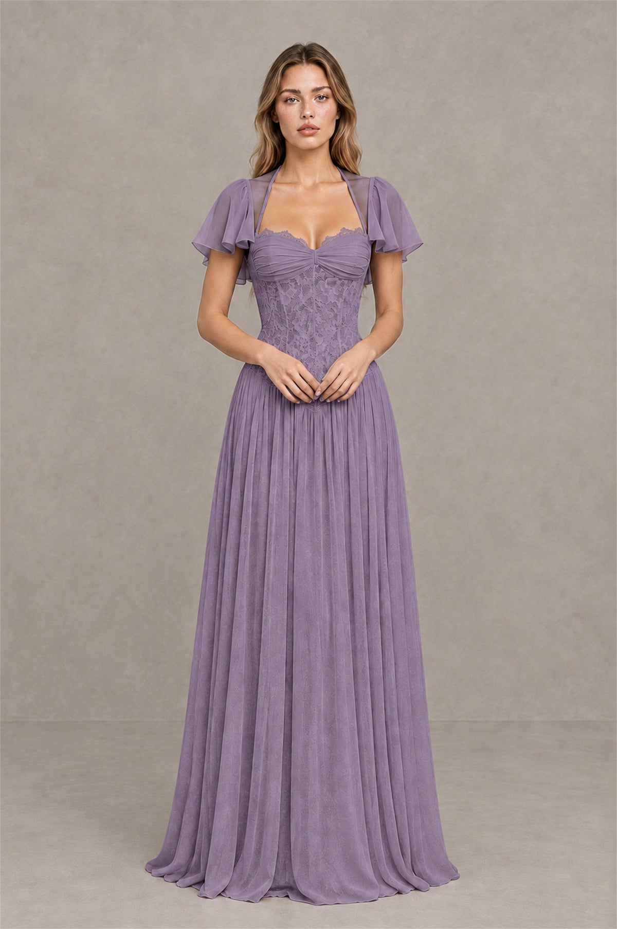 BOLODOO Wisteria Flutter Sleeve Lace Corset A-Line Maxi Dress - Wisteria - Wisteria (1)