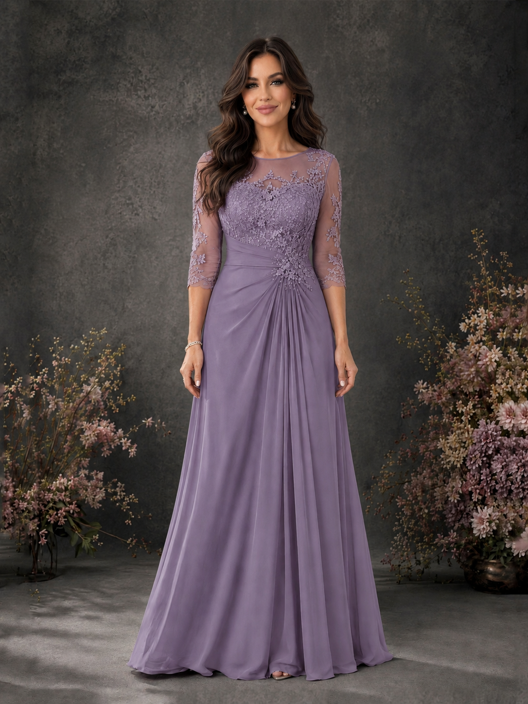 BOLODOO Wisteria Chiffon Lace Illusion Neckline 3/4 Sleeve Floor Length Formal Gown - Wisteria