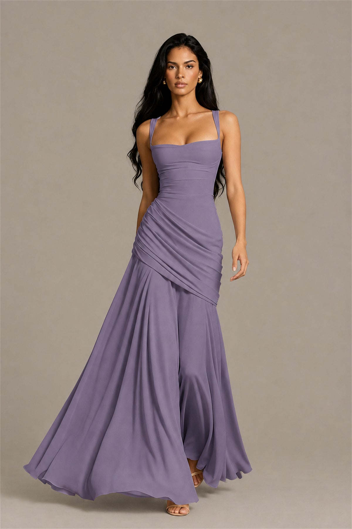 BOLODOO Square Neck Ruched A-Line Maxi Dress - Wisteria Backless Evening Gown - Wisteria