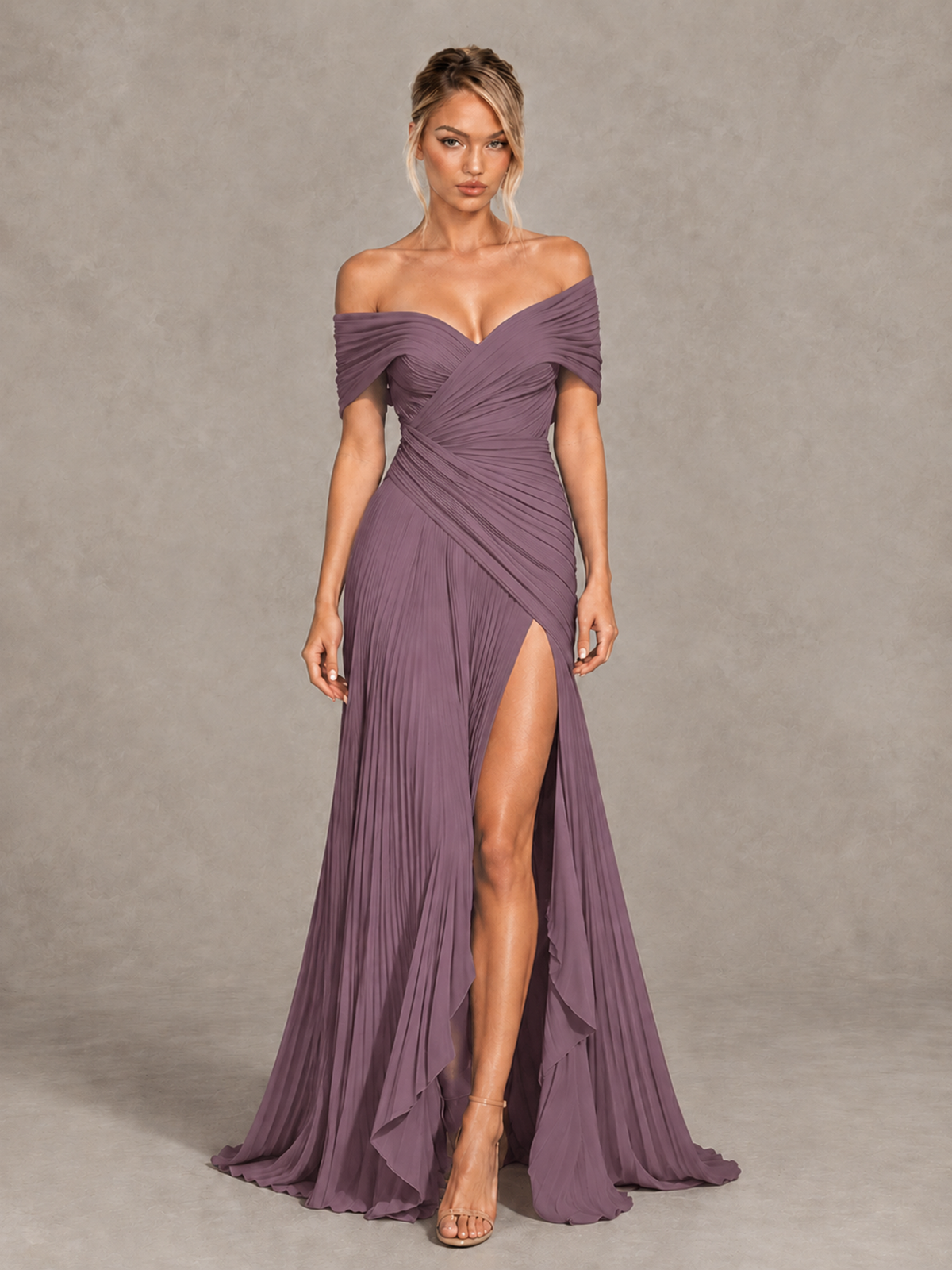 BOLODOO Wisteria Off-Shoulder Ruched Pleated Maxi Dress with High Slit - Wisteria - Wisteria (1)