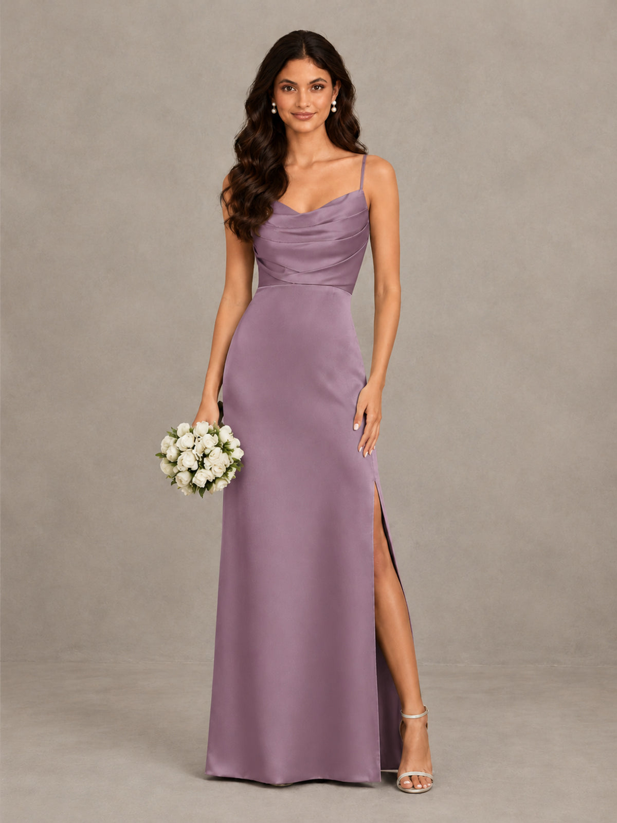 BOLODOO Wisteria Cowl Neck Satin Bridesmaid Dress with Slit - Wisteria - Wisteria (1)