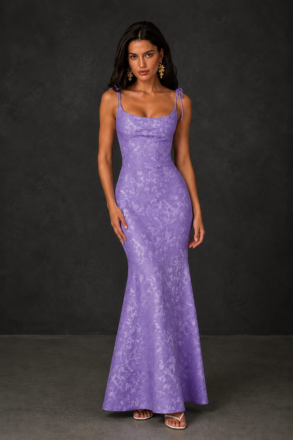 BOLODOO Wisteria Scoop Neck Tie Strap Lace-Up Back Floral Jacquard Mermaid Maxi Dress - Wisteria