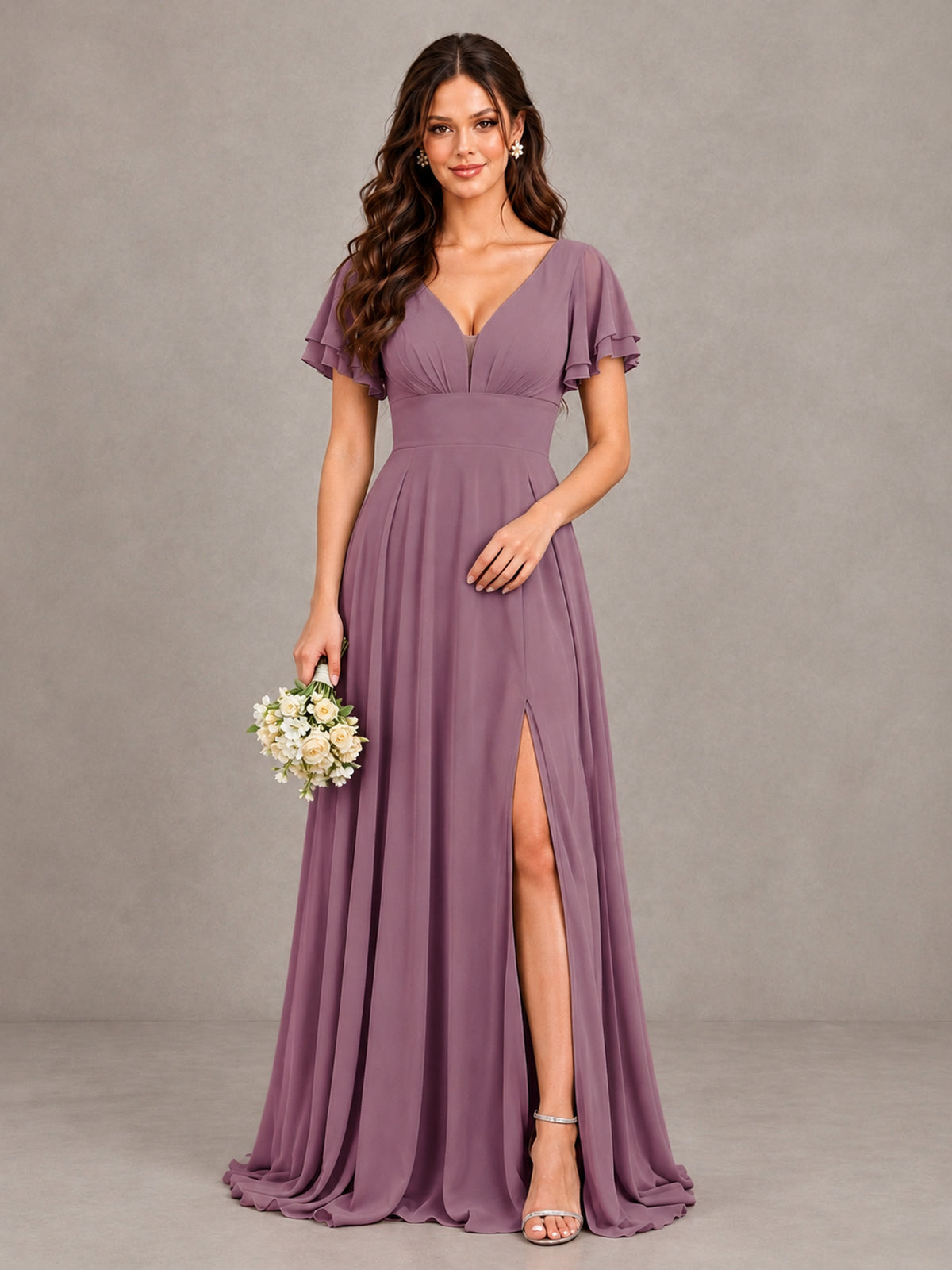 BOLODOO Wisteria Flutter Sleeve Chiffon A-Line Maxi Bridesmaid Dress with Open Back & Slit - Wisteria - Wisteria (1)