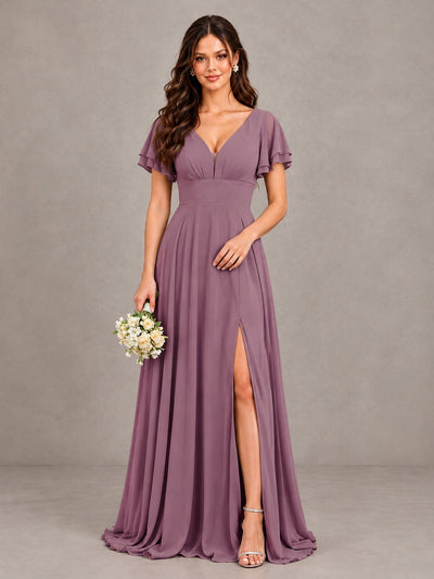 BOLODOO Wisteria Flutter Sleeve Chiffon A-Line Maxi Bridesmaid Dress with Open Back & Slit - Wisteria - Wisteria (1)