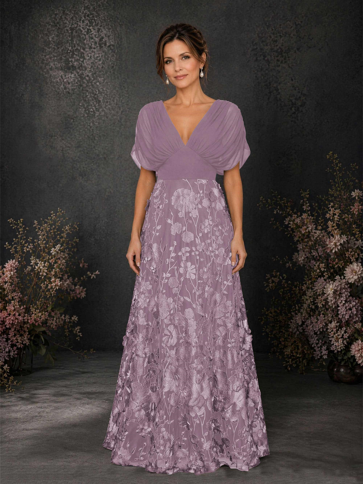 BOLODOO Wisteria & Wisteria Chiffon V-Neck Flutter Sleeve Floral Embroidered A-Line Gown BD0414 - Wisteria
