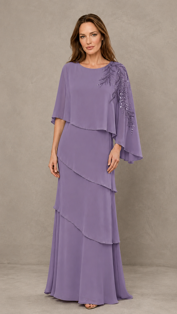 BOLODOO Wisteria Mocha Asymmetric Cape Sleeve Wisteria Sequin Embroidered Pearl Trim Tiered Chiffon Gown - Wisteria