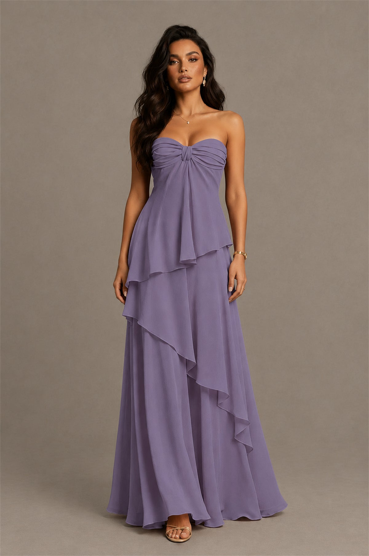 BOLODOO Wisteria Strapless Sweetheart Knotted Chiffon Tiered Maxi Dress with Lace-Up Back - Wisteria